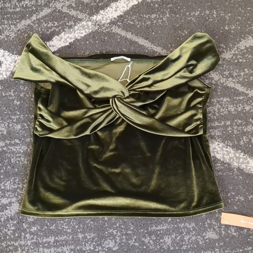 Reformation Ezlynn Velvet Knit Top Green Off The Shoulder Twist XL NWT New